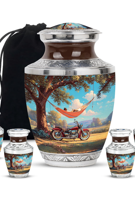 Vivid Teal Bike Cremation Urn lifestyle display on memorial shelf - artistic bike interpretation with creative detail - memorial set with one large and four small urns