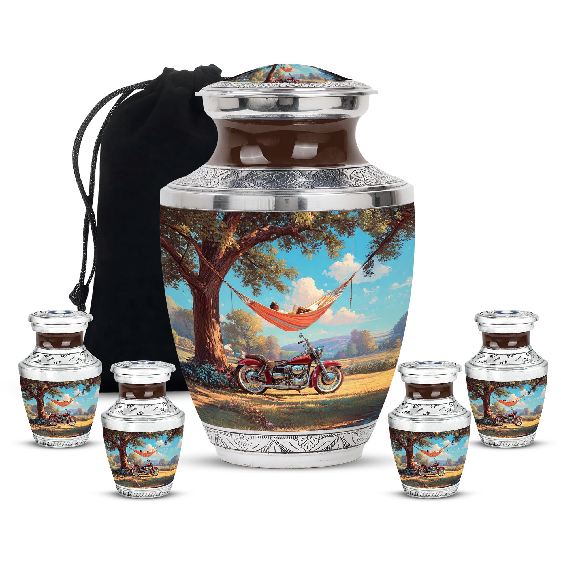 Vivid Teal Bike Cremation Urn lifestyle display on memorial shelf - artistic bike interpretation with creative detail - memorial set with one large and four small urns
