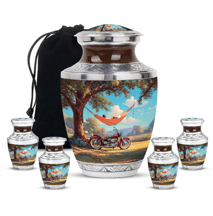 Vivid Teal Bike Cremation Urn lifestyle display on memorial shelf - artistic bike interpretation with creative detail - memorial set with one large and four small urns