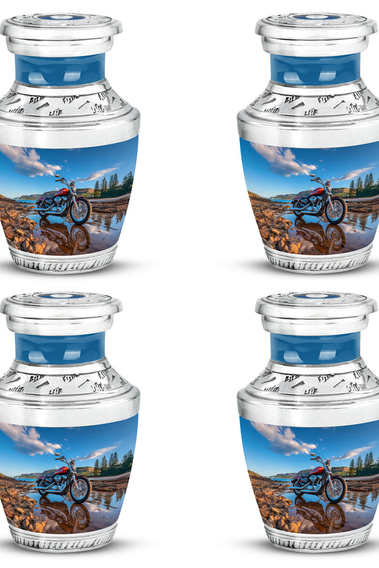 Azure Bike Cremation Urn back view with polished surface - modern art-inspired bike motif on sleek aluminum - 10 inch aluminum urn for cremated remains