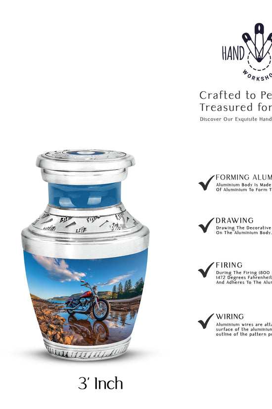 Calming Blue Bike Cremation Urn top-down view of secure threaded lid - stylized abstract bike pattern with bold lines - mini keepsake memorial for portion of cremation ashes