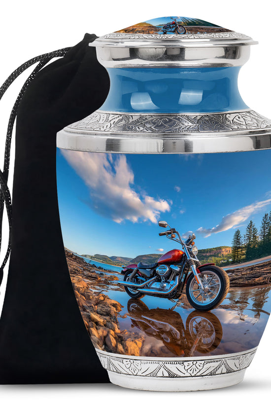 Soft Blue Bike Cremation Urn side profile showing urn shape - artistic bike interpretation with creative detail - full-size 10 inch 200 cubic inch adult cremation urn