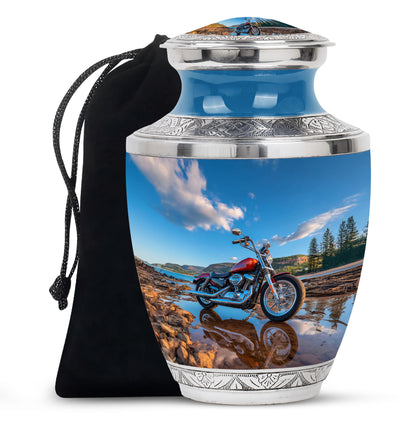 Soft Blue Bike Cremation Urn side profile showing urn shape - artistic bike interpretation with creative detail - full-size 10 inch 200 cubic inch adult cremation urn