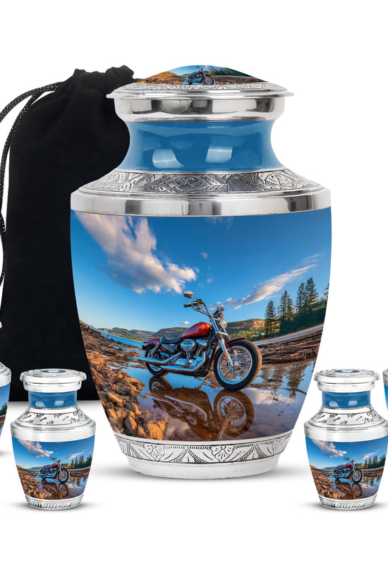 Pastel Blue Bike Cremation Urn lifestyle display on memorial shelf - contemporary bike design with modern artistic flair - memorial set with one large and four small urns