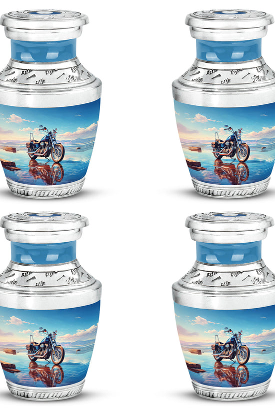 Pastel Blue Bike Cremation Urn back view with polished surface - contemporary bike design with modern artistic flair - 10 inch aluminum urn for cremated remains