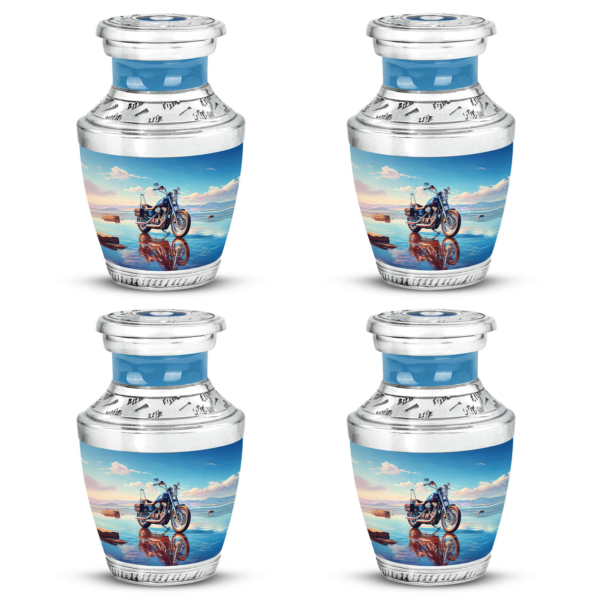 Pastel Blue Bike Cremation Urn back view with polished surface - contemporary bike design with modern artistic flair - 10 inch aluminum urn for cremated remains