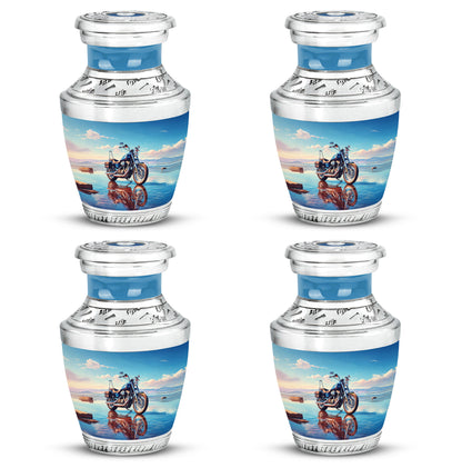 Pastel Blue Bike Cremation Urn back view with polished surface - contemporary bike design with modern artistic flair - 10 inch aluminum urn for cremated remains
