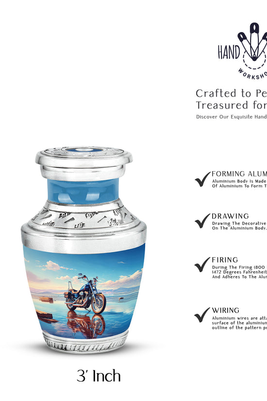 Slate Blue Bike Cremation Urn top-down view of secure threaded lid - contemporary bike design with modern artistic flair - mini keepsake memorial for portion of cremation ashes