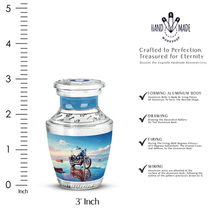 Slate Blue Bike Cremation Urn top-down view of secure threaded lid - contemporary bike design with modern artistic flair - mini keepsake memorial for portion of cremation ashes