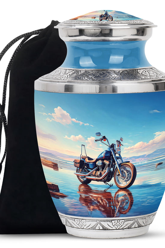 Misty Blue Bike Cremation Urn side profile showing urn shape - modern art-inspired bike motif on sleek aluminum - full-size 10 inch 200 cubic inch adult cremation urn
