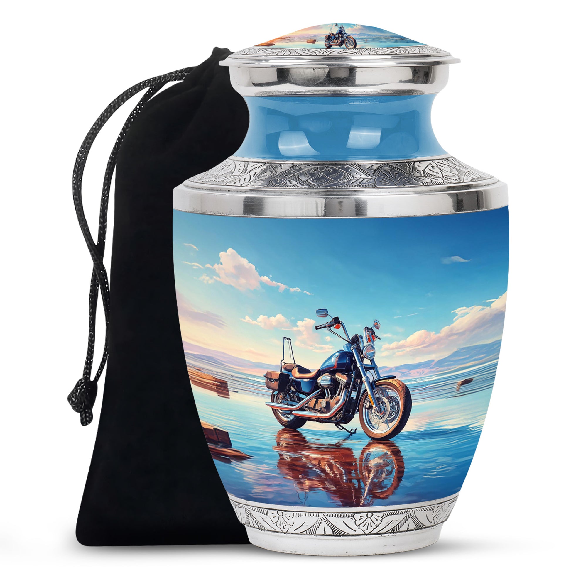 Misty Blue Bike Cremation Urn side profile showing urn shape - modern art-inspired bike motif on sleek aluminum - full-size 10 inch 200 cubic inch adult cremation urn