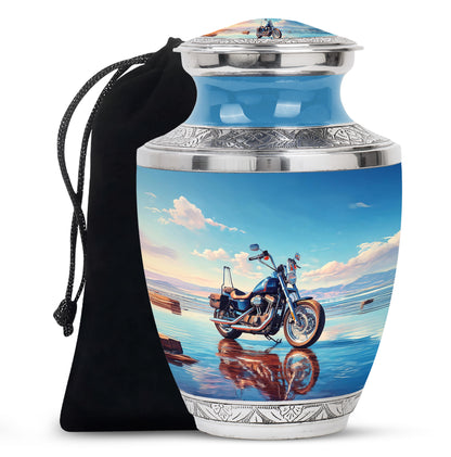 Misty Blue Bike Cremation Urn side profile showing urn shape - modern art-inspired bike motif on sleek aluminum - full-size 10 inch 200 cubic inch adult cremation urn