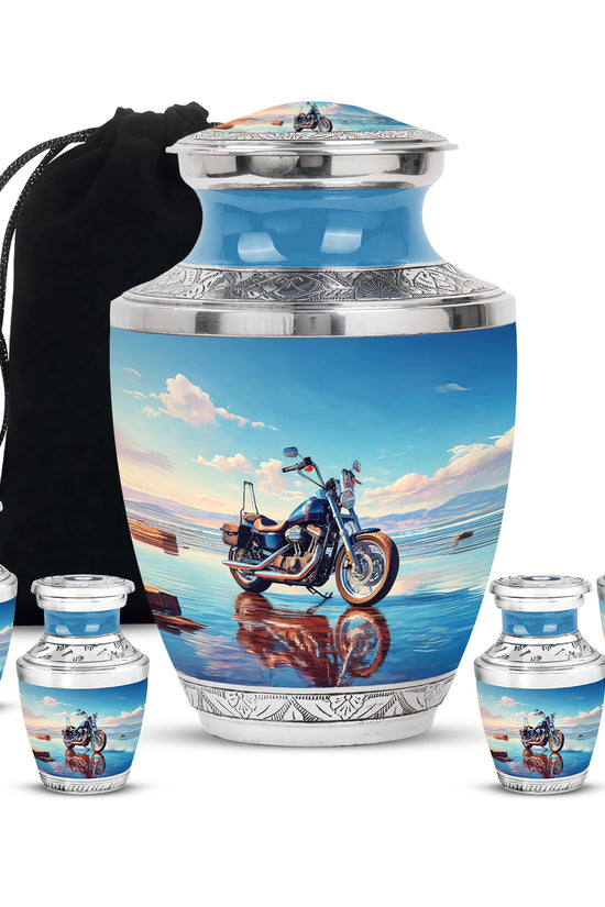 Soft Blue Bike Cremation Urn lifestyle display on memorial shelf - artistic bike interpretation with creative detail - memorial set with one large and four small urns
