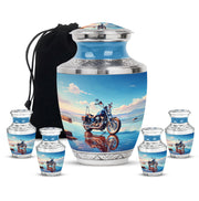 Soft Blue Bike Cremation Urn lifestyle display on memorial shelf - artistic bike interpretation with creative detail - memorial set with one large and four small urns