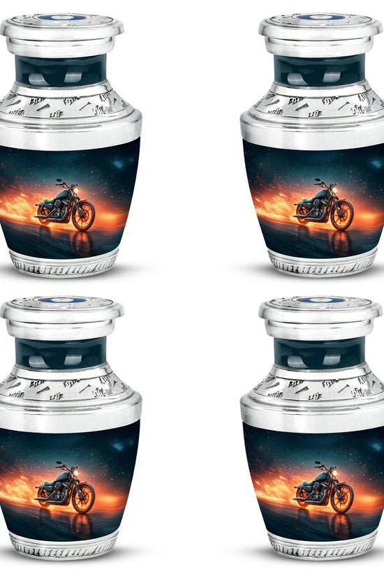 Indigo Bike Cremation Urn back view with polished surface - modern art-inspired bike motif on sleek aluminum - 10 inch aluminum urn for cremated remains