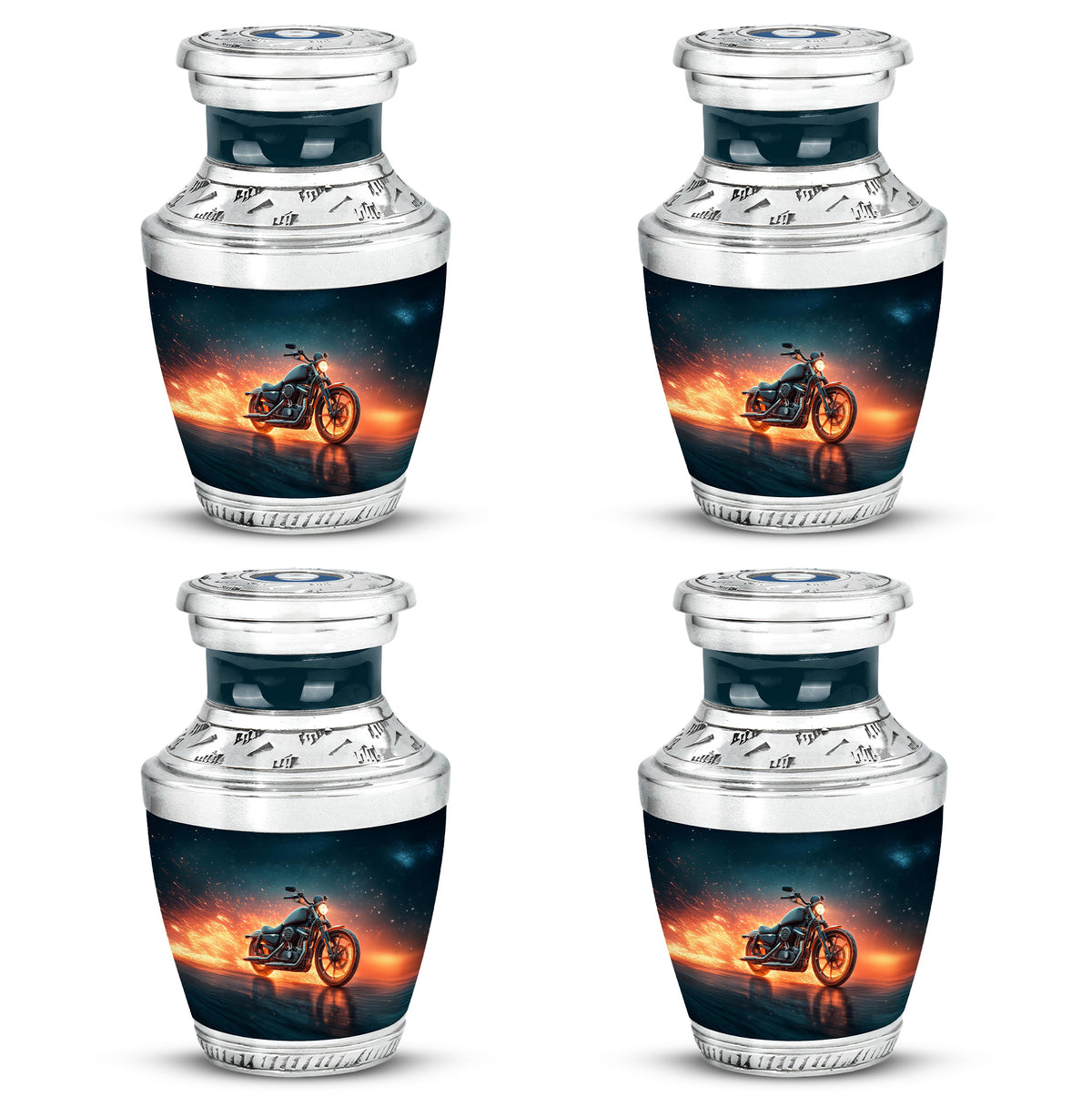 Indigo Bike Cremation Urn back view with polished surface - modern art-inspired bike motif on sleek aluminum - 10 inch aluminum urn for cremated remains