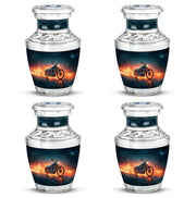 Indigo Bike Cremation Urn back view with polished surface - modern art-inspired bike motif on sleek aluminum - 10 inch aluminum urn for cremated remains
