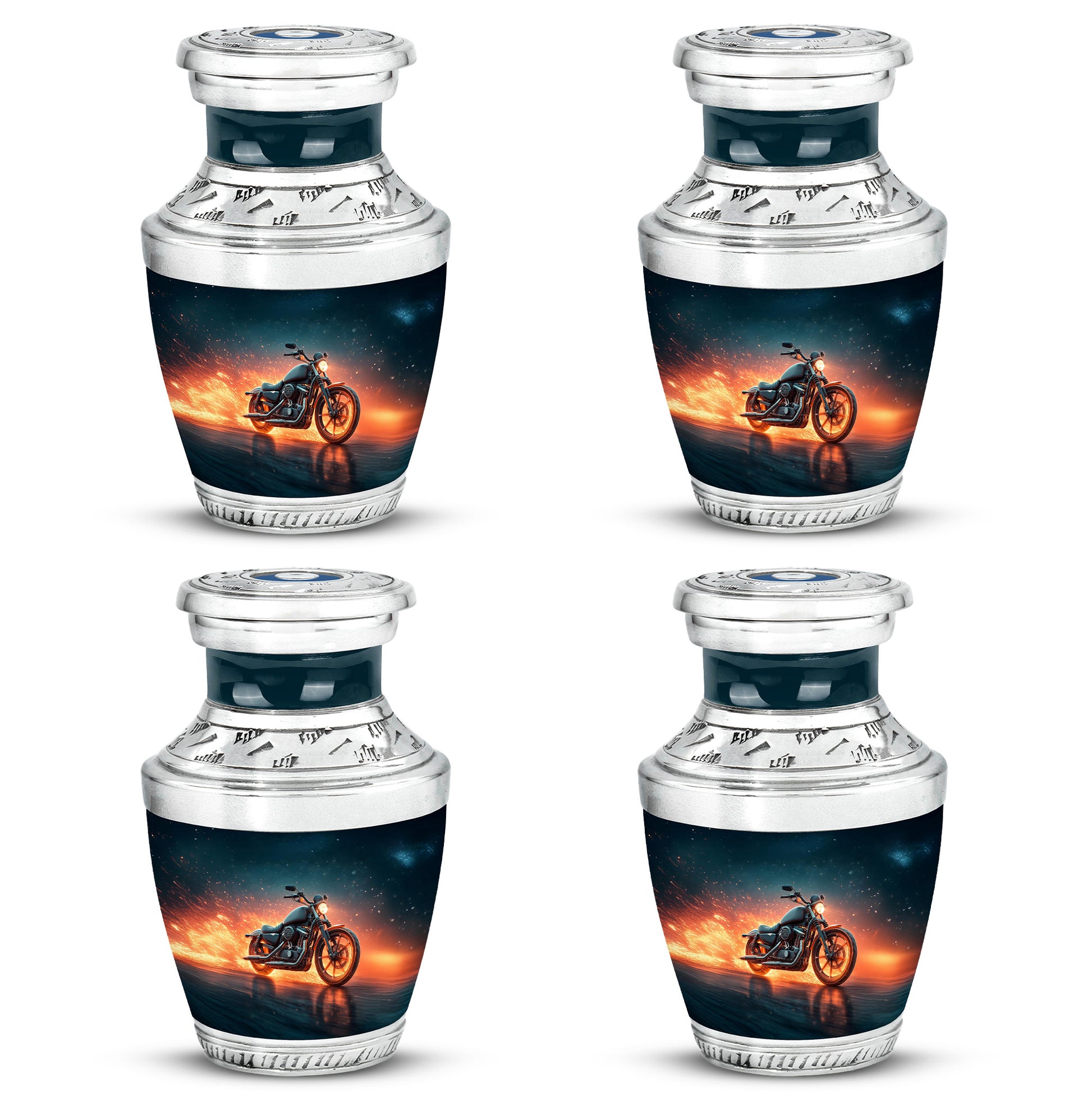 Indigo Bike Cremation Urn back view with polished surface - modern art-inspired bike motif on sleek aluminum - 10 inch aluminum urn for cremated remains
