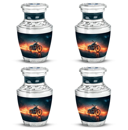 Indigo Bike Cremation Urn back view with polished surface - modern art-inspired bike motif on sleek aluminum - 10 inch aluminum urn for cremated remains