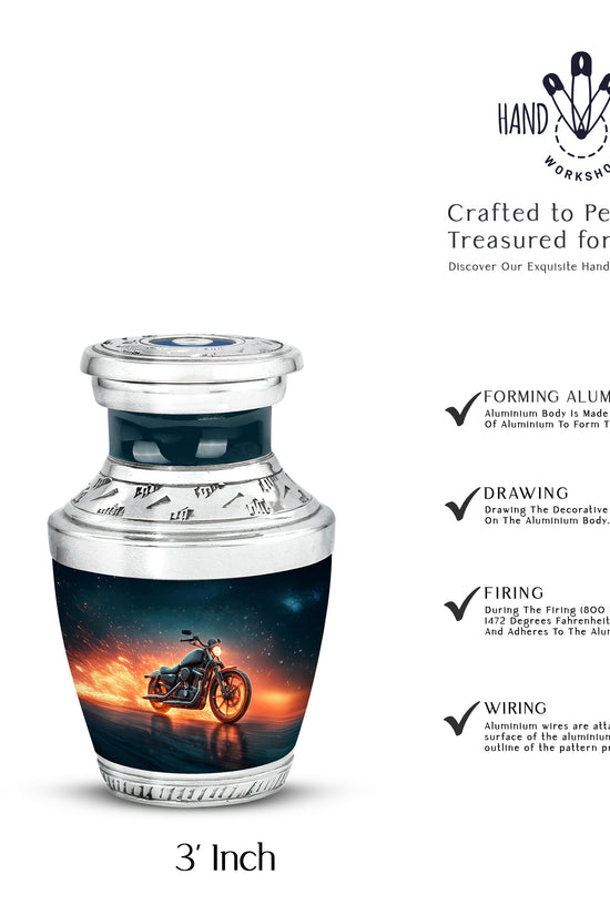 Cornflower Blue Bike Cremation Urn top-down view of secure threaded lid - stylized abstract bike pattern with bold lines - mini keepsake memorial for portion of cremation ashes