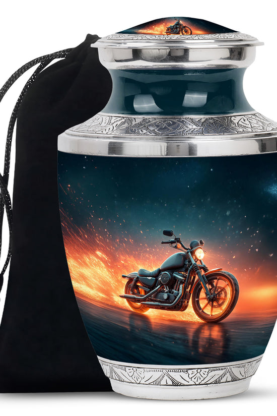 Powder Blue Bike Cremation Urn side profile showing urn shape - contemporary bike design with modern artistic flair - full-size 10 inch 200 cubic inch adult cremation urn