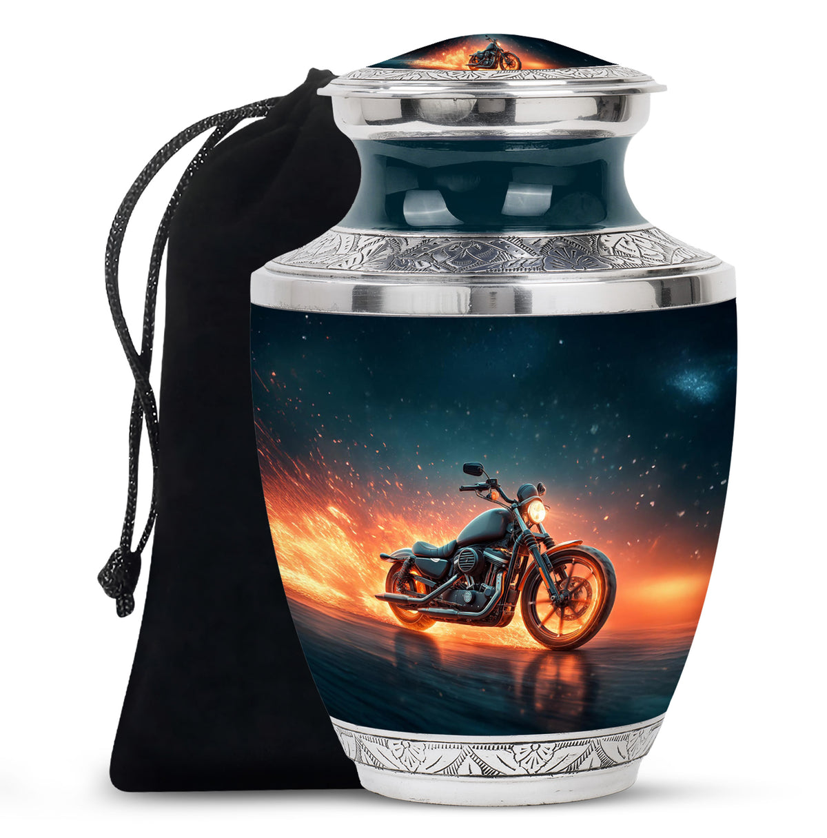 Powder Blue Bike Cremation Urn side profile showing urn shape - contemporary bike design with modern artistic flair - full-size 10 inch 200 cubic inch adult cremation urn