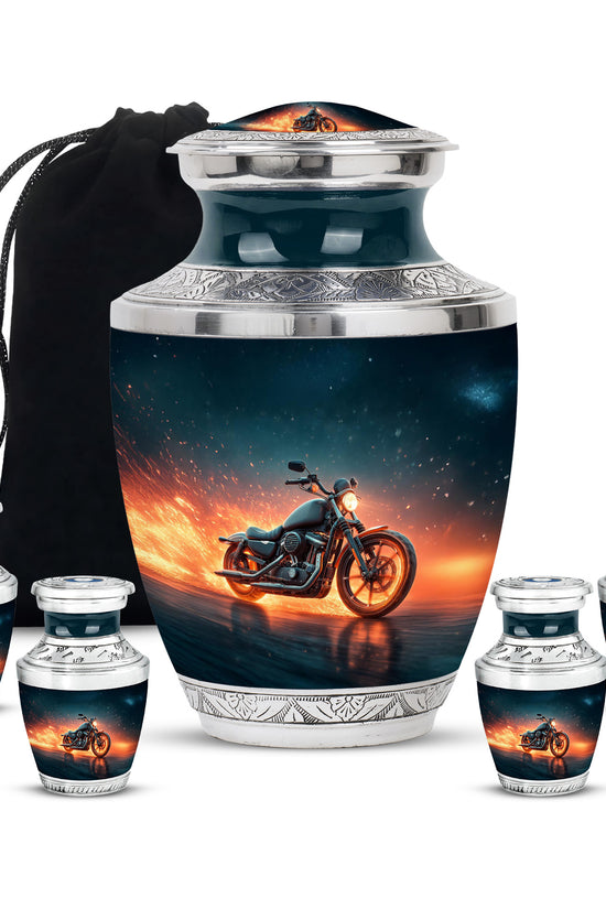 Steel Blue Bike Cremation Urn lifestyle display on memorial shelf - stylized abstract bike pattern with bold lines - memorial set with one large and four small urns