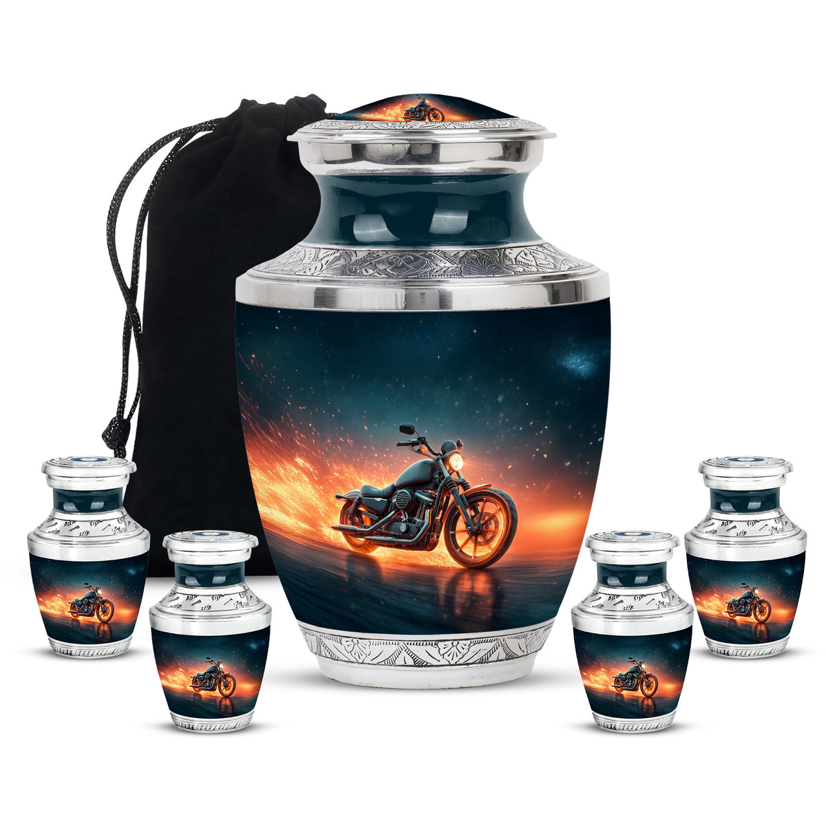 Steel Blue Bike Cremation Urn lifestyle display on memorial shelf - stylized abstract bike pattern with bold lines - memorial set with one large and four small urns