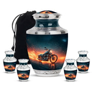 Steel Blue Bike Cremation Urn lifestyle display on memorial shelf - stylized abstract bike pattern with bold lines - memorial set with one large and four small urns