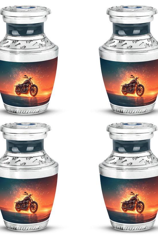 Royal Blue Bike Cremation Urn back view with polished surface - artistic bike interpretation with creative detail - 10 inch aluminum urn for cremated remains
