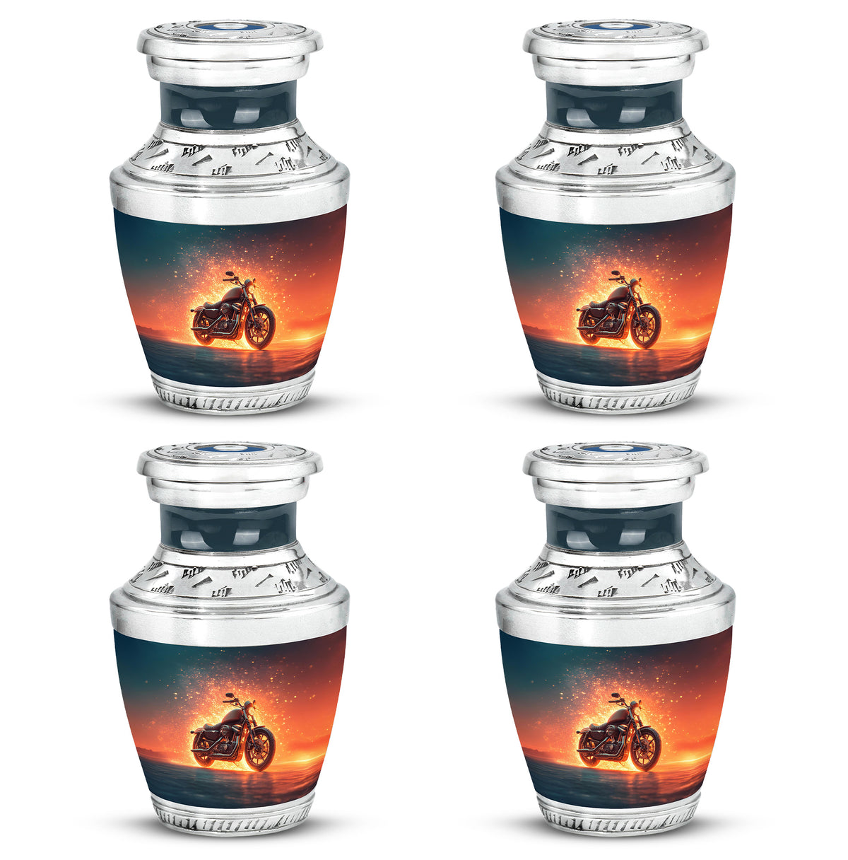 Royal Blue Bike Cremation Urn back view with polished surface - artistic bike interpretation with creative detail - 10 inch aluminum urn for cremated remains