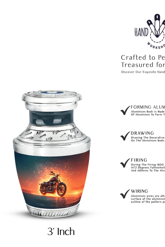 Calming Blue Bike Cremation Urn top-down view of secure threaded lid - artistic bike interpretation with creative detail - mini keepsake memorial for portion of cremation ashes
