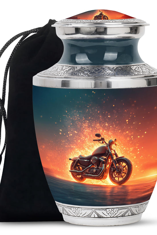 Vivid Blue Bike Cremation Urn side profile showing urn shape - artistic bike interpretation with creative detail - full-size 10 inch 200 cubic inch adult cremation urn