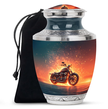 Vivid Blue Bike Cremation Urn side profile showing urn shape - artistic bike interpretation with creative detail - full-size 10 inch 200 cubic inch adult cremation urn