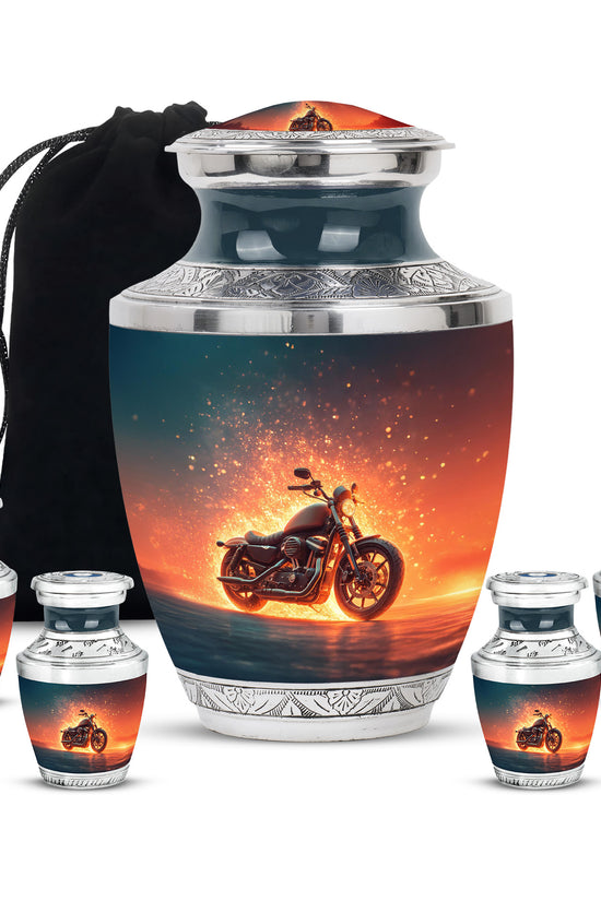 Cornflower Blue Bike Cremation Urn lifestyle display on memorial shelf - stylized abstract bike pattern with bold lines - memorial set with one large and four small urns