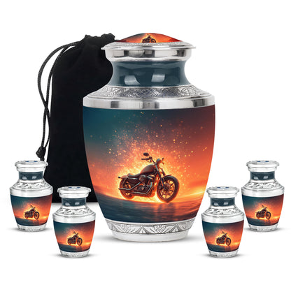 Cornflower Blue Bike Cremation Urn lifestyle display on memorial shelf - stylized abstract bike pattern with bold lines - memorial set with one large and four small urns