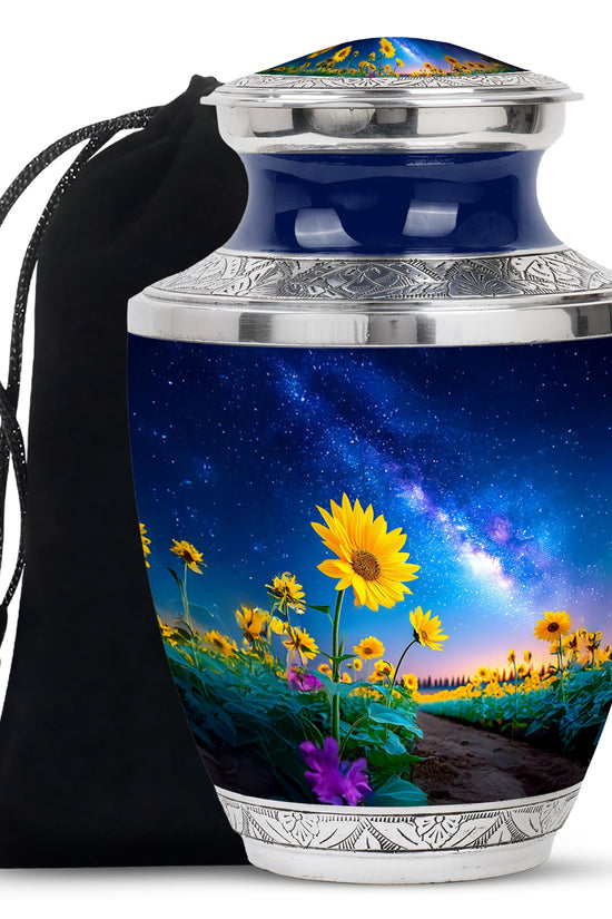 Sunflower Field Cremation Urn - Galaxy Theme Memorial Urn For Ashes