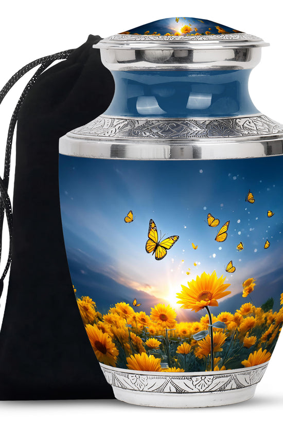 Golden Sunflower Memorial Urn - Butterfly Funeral Urn For Human Ashes