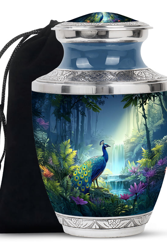 Blue Peacock Cremation Urn - Forest Waterfall Funeral Urn For Adult Ashes