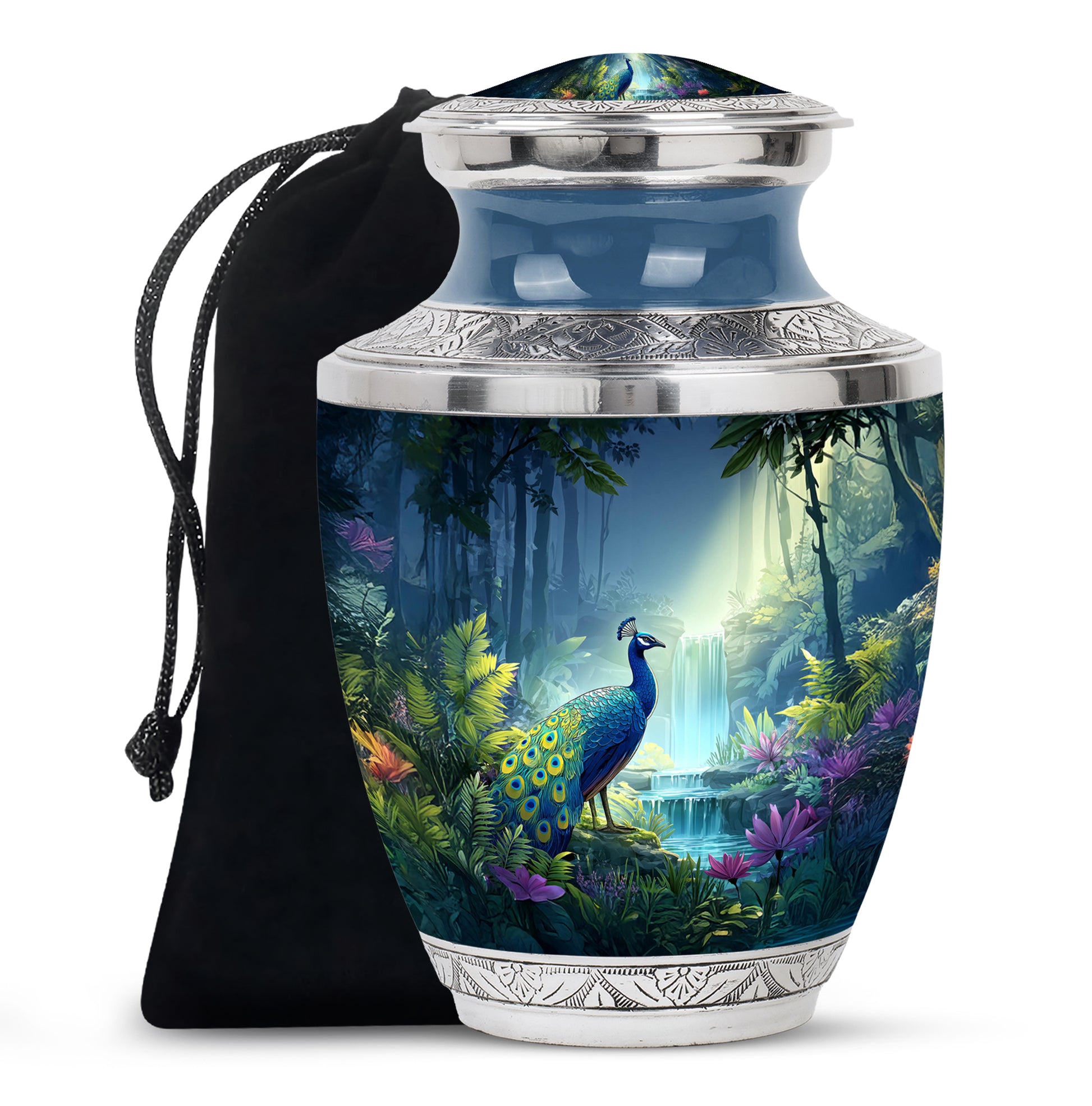 Blue Peacock Cremation Urn - Forest Waterfall Funeral Urn For Adult Ashes