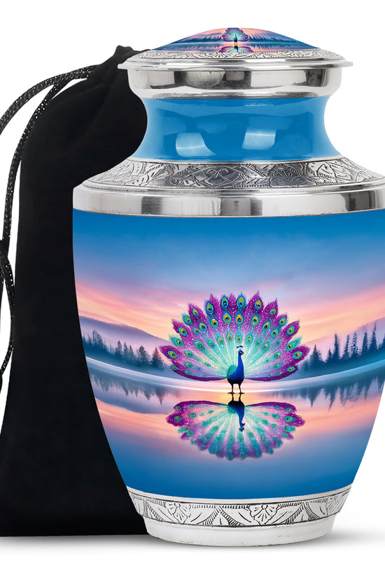Colorful Peacock Cremation Urn - Sunset Lake Memorial Urn For Human Ashes