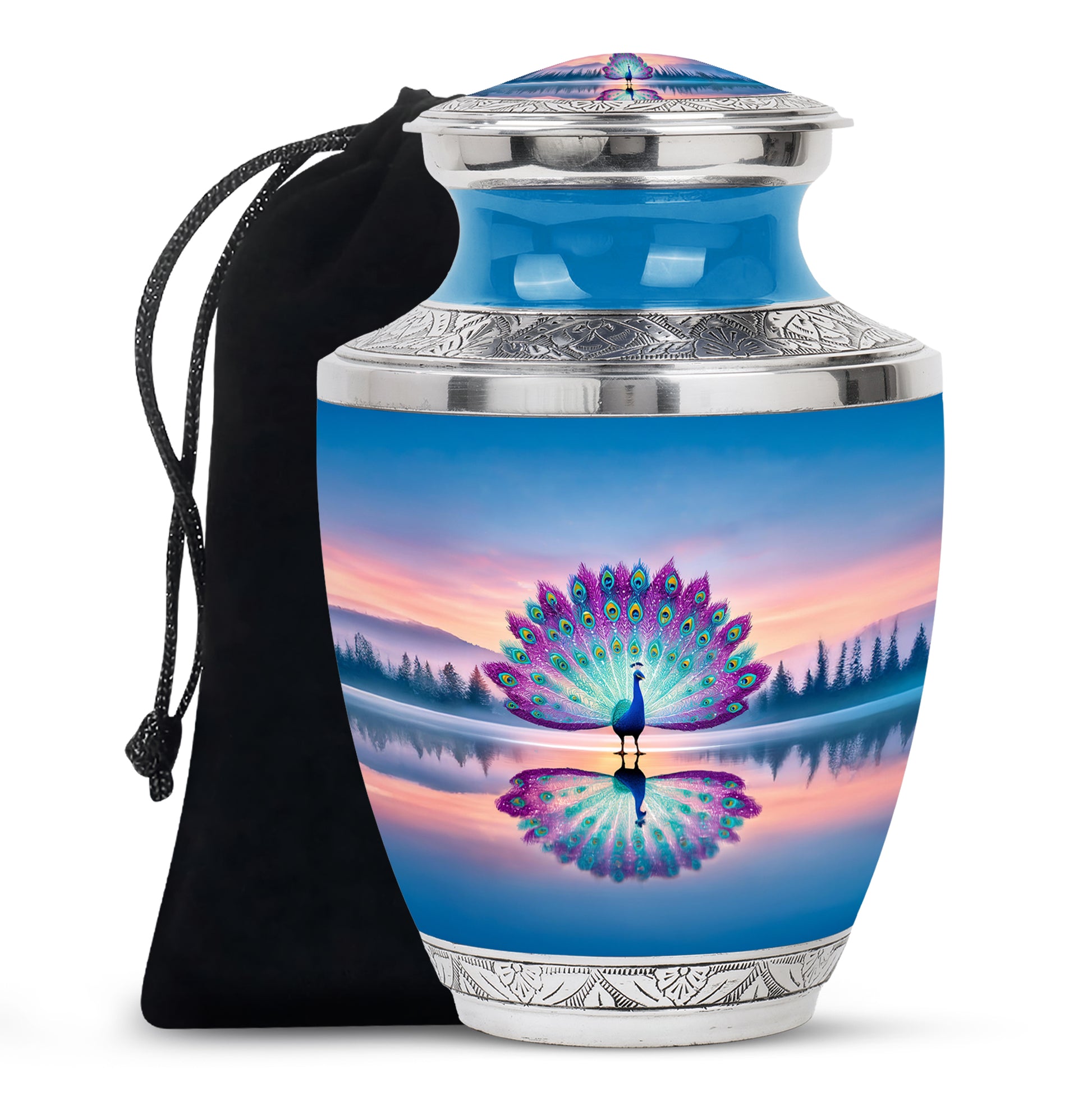 Colorful Peacock Cremation Urn - Sunset Lake Memorial Urn For Human Ashes
