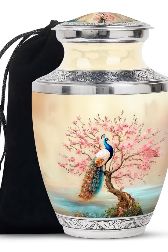 Elegant Peacock Floral Urn - Cherry Blossom Cremation Urn For Loved Ones