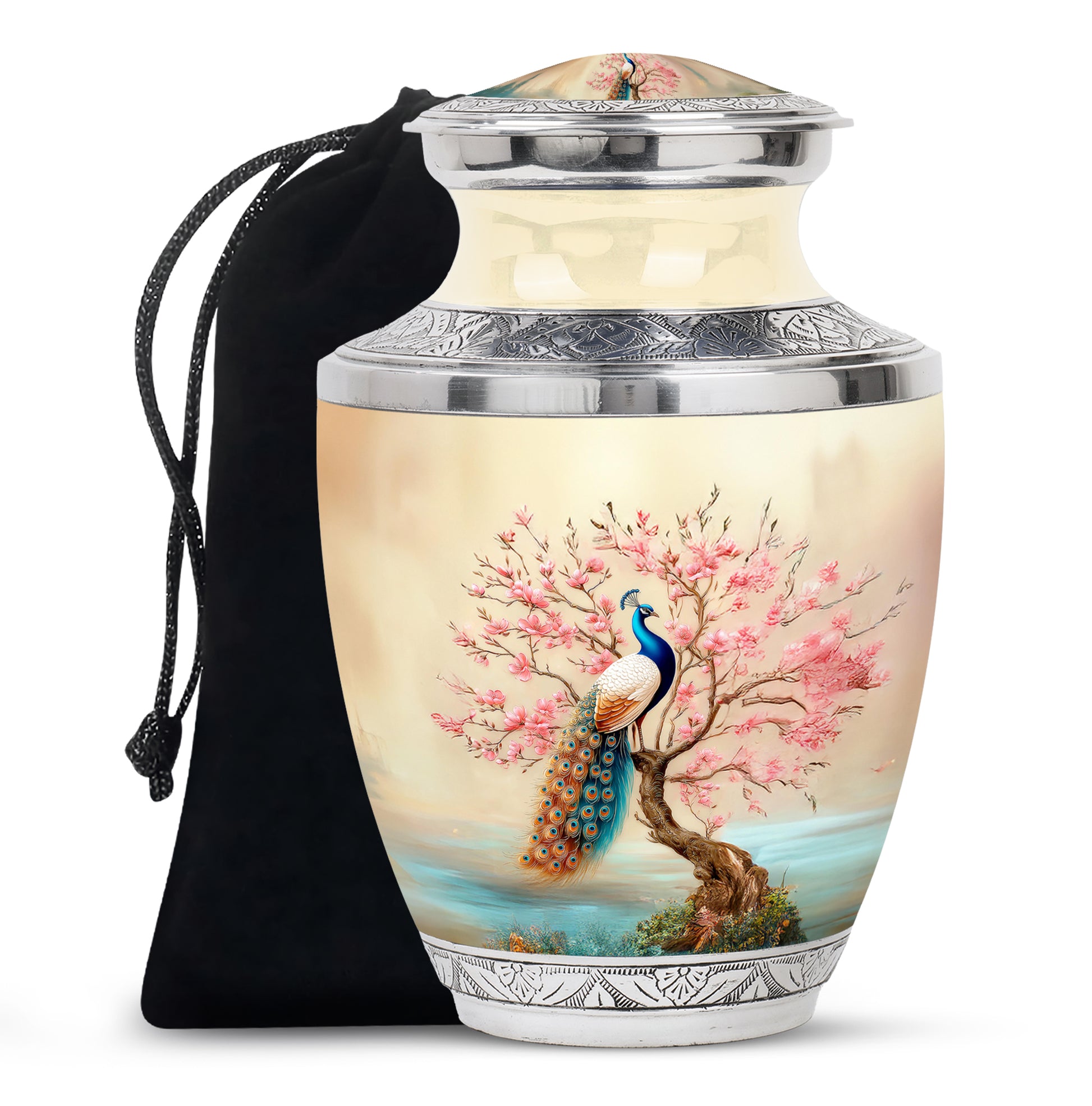 Elegant Peacock Floral Urn - Cherry Blossom Cremation Urn For Loved Ones