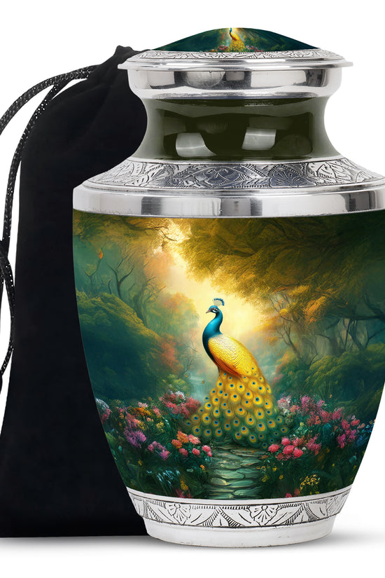 Golden Peacock Memorial Urn - Peaceful Nature Funeral Urn For Burial