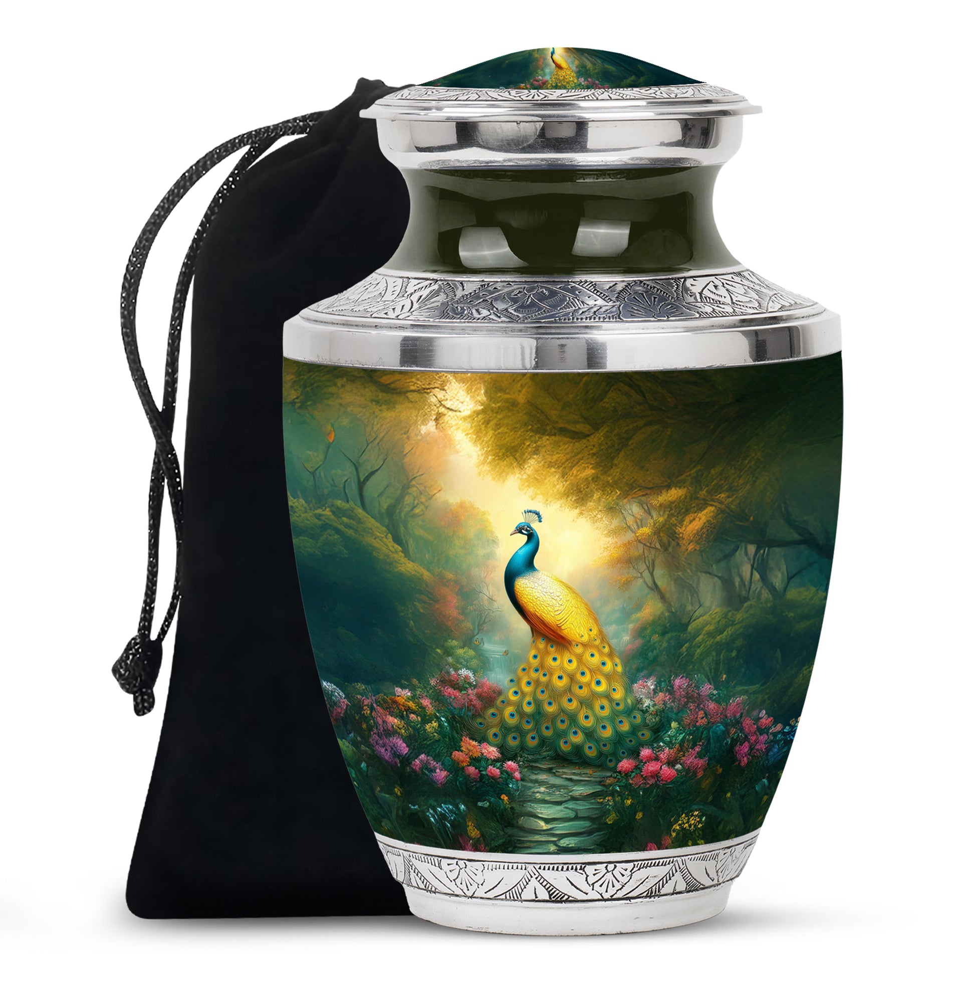 Golden Peacock Memorial Urn - Peaceful Nature Funeral Urn For Burial