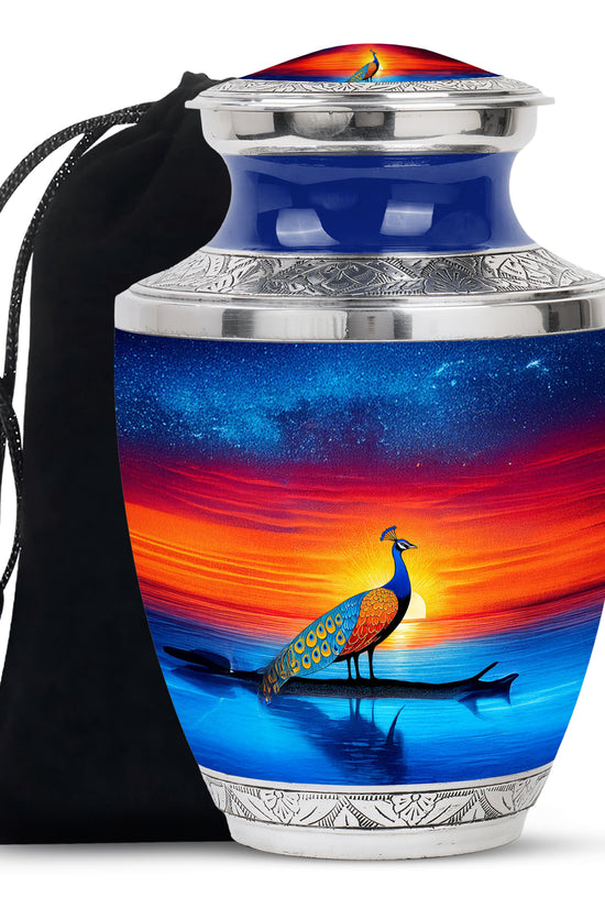 Peacock Sunset Memorial Urn - Artistic Cremation Urn For Burial