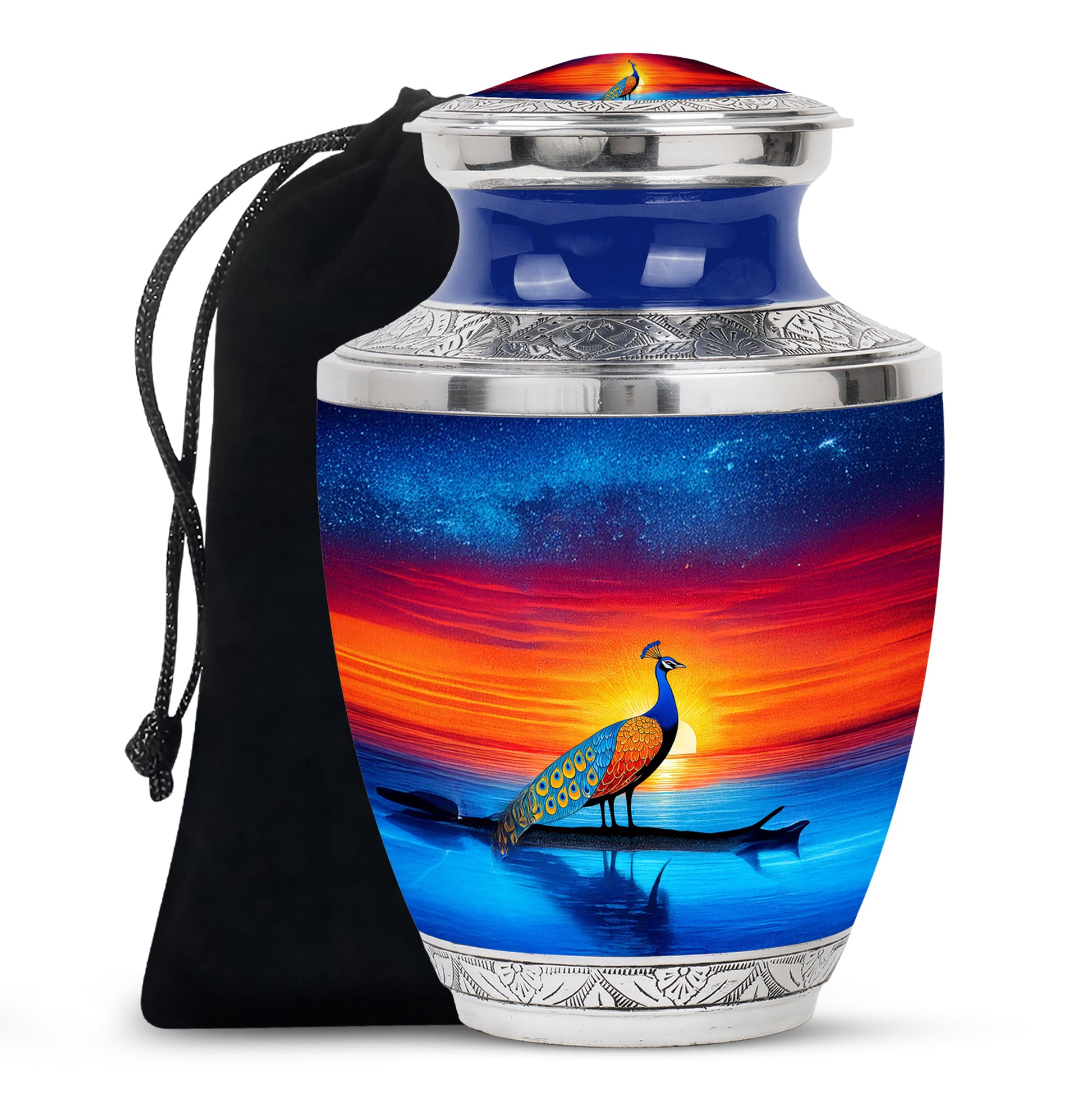 Peacock Sunset Memorial Urn - Artistic Cremation Urn For Burial