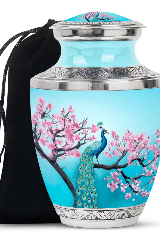 Peacock Nature Funeral Urn - Cherry Blossom Memorial Urn For Loved Ones