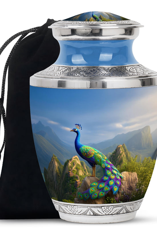 Blue Peacock Cremation Urn - Scenic Memorial Urn For Human Ashes
